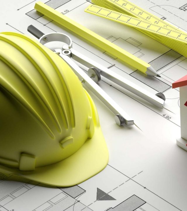 Building project blueprint plans and a house model. Real estate, construction concept, banner. Architecture design. 3d illustration